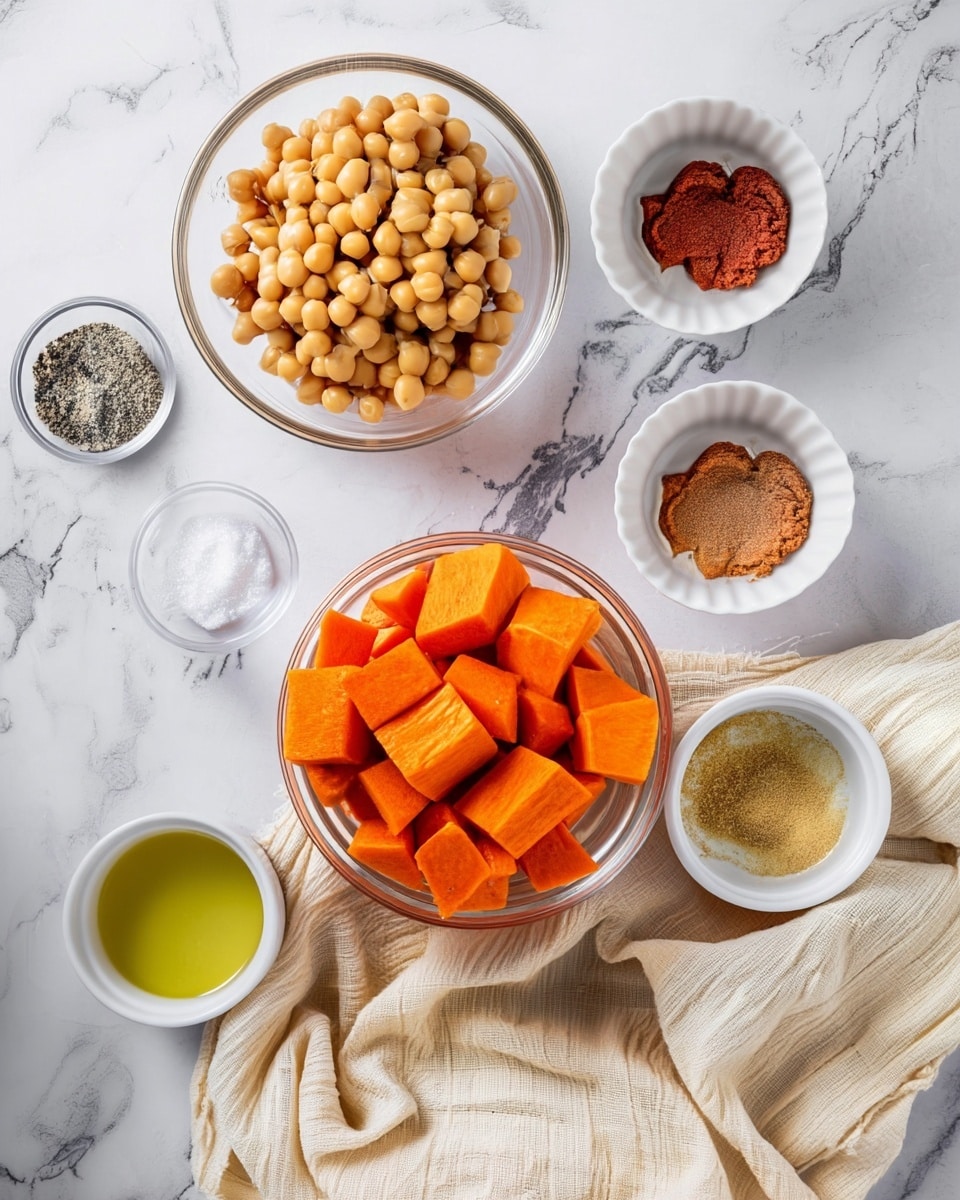 Roasted Pumpkin Curry Hummus Recipe 4 The image shows six clear and white bowls arranged on a white marbled surface with a light beige cloth partly under them. The largest clear bowl in the center bottom contains bright orange, chunky cubes that look like sweet potato. Above it, a slightly smaller clear bowl is filled with plump, beige chickpeas. To the left of the chickpeas, there is a small clear bowl with black and white ground pepper and below it another small clear bowl with coarse white salt. To the right of the chickpeas, a white bowl holds a thick dark red paste. Below that, another white bowl contains light brown powder, and to the left of that, a small white bowl is filled with golden yellow oil. All bowls are neatly arranged on the white marbled background. photo taken with an iphone --ar 4:5 --v 7
