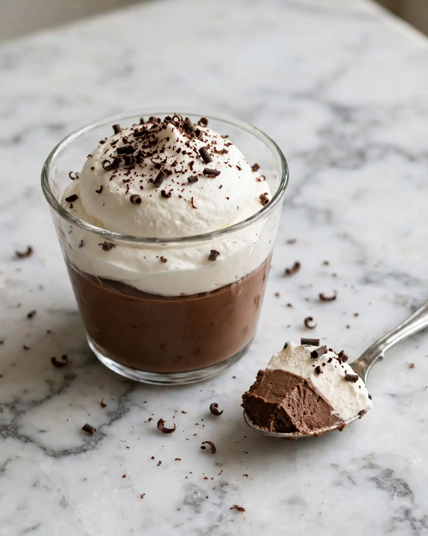 A small clear glass cup filled with three layers: the bottom and biggest layer is smooth dark brown chocolate mousse, the middle layer is soft white whipped cream shaped as a dome sitting on the mousse, and the top layer is dark chocolate shavings scattered on the whipped cream, some falling around the cup. A silver spoon with a bite showing the same three layers lies next to the cup on a white marbled surface. Photo taken with an iphone --ar 4:5 --v 7