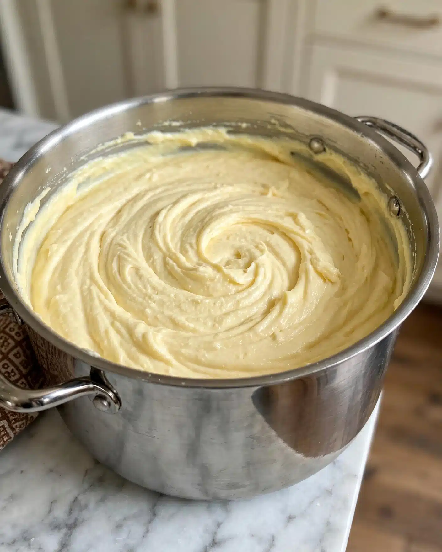 A large silver pot filled with a thick, creamy mixture that looks smooth and slightly fluffy, pale yellow in color, with some texture lines from stirring visible on the surface. The pot sits on a white marbled surface with a small section of a brown patterned cloth underneath one handle. The background includes light-colored kitchen cabinets and a wooden floor partially visible. The overall focus is on the creamy content inside the pot. photo taken with an iphone --ar 4:5 --v 7