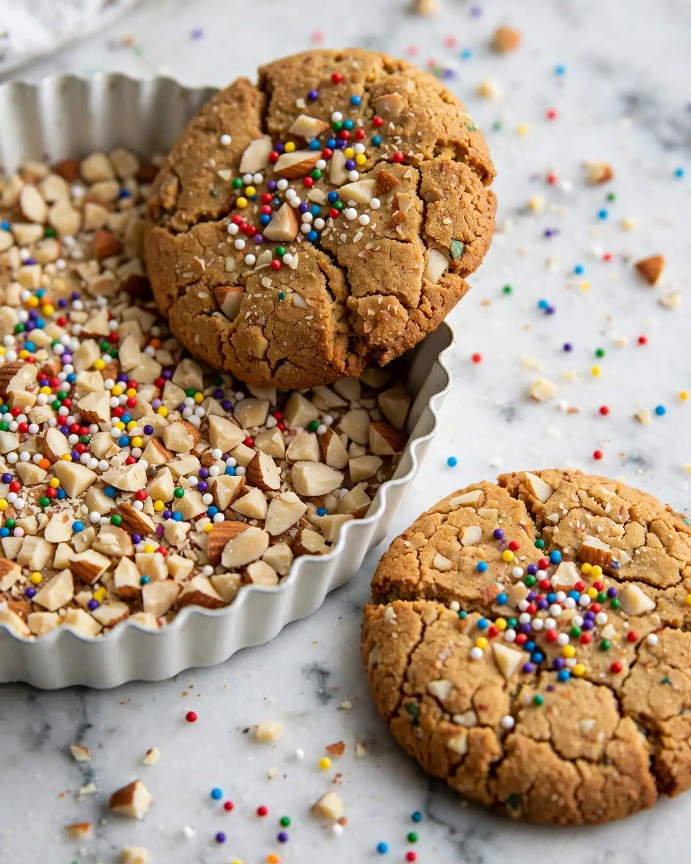 Perfect Peanut Butter Cookies Recipe 5 The image shows a close-up of round cookies with a golden-brown color and a rough texture. Each cookie is topped with small, round, colorful sprinkles in red, blue, green, yellow, white, and purple, and some light-colored nut pieces. One cookie is partially resting on a white, fluted tart pan filled with chopped nuts and covered with sprinkles, while another cookie lies flat nearby. The cookies have a slightly cracked surface, adding texture. The background is a white marbled surface scattered with sprinkles and nut pieces, enhancing the festive look. photo taken with an iphone --ar 4:5 --v 7