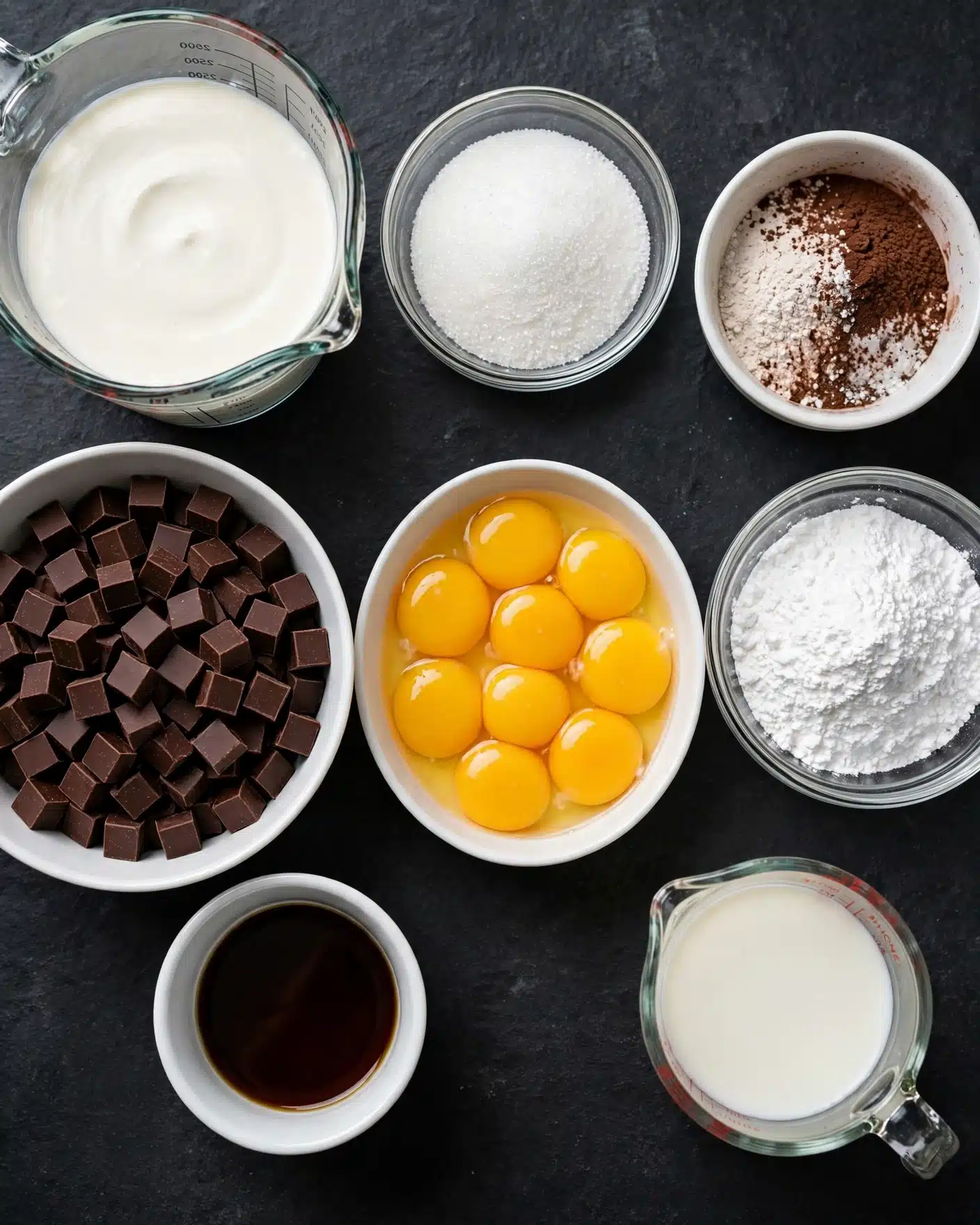 The image shows eight containers of ingredients on a white marbled surface. Starting from the top left, a large clear measuring cup filled with white cream touches the center left edge. To its right, a small clear bowl holds white granulated sugar, and next to it on the right, a small white bowl contains a mix of white and dark brown powders. Below the sugar bowl, a white bowl is filled with eight raw egg yolks, bright yellow with glossy texture, placed near the center right. To the left, a large white bowl holds many small dark brown chocolate cubes filling the bowl completely. Below the chocolate bowl, a small white cup contains dark brown vanilla extract. Beside it on the right, a clear glass bowl contains white powdered sugar. Finally, near the bottom right corner, there is a smaller clear measuring cup filled with white milk. The containers are neatly arranged on a dark background, all in sharp focus, photo taken with an iphone --ar 4:5 --v 7