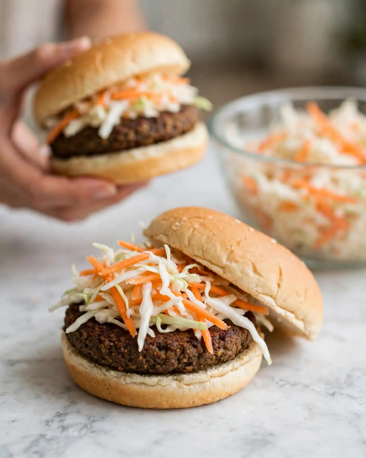 The image shows two sandwiches on a white marbled surface. Each sandwich has three main layers: at the bottom is a soft, light tan bun, followed by a dark brown patty with a slightly coarse texture, and topped with a heap of coleslaw made of thin strips of white cabbage and bright orange carrot, adding a fresh and crunchy look. The top bun is soft and light tan, slightly covering the coleslaw. In the background, there is a clear glass bowl filled with more coleslaw, blurred out to keep focus on the front sandwich. A woman's hand is holding the sandwich in the background. The lighting is soft and natural, highlighting the colors and textures of the food. photo taken with an iphone --ar 4:5 --v 7
