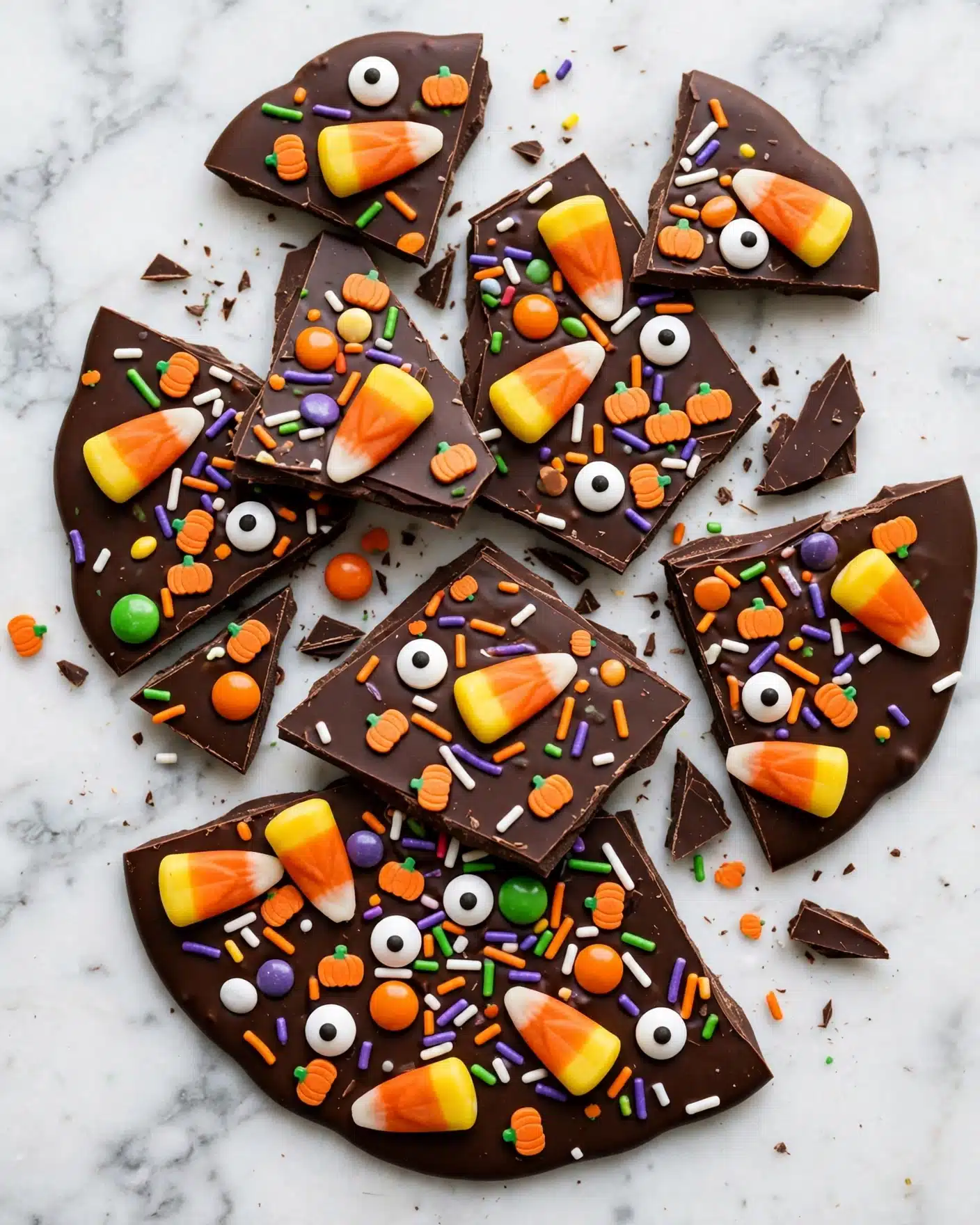 A round chocolate bark is spread out flat with a dark smooth surface layer, topped with colorful Halloween candy pieces. The toppings include candy corn in yellow, orange, and white, scattered large and small candy eyes with white and black circles, tiny orange pumpkin-shaped sprinkles, small green, orange, white, and purple round candies, and several bright sprinkle sticks in purple, orange, green, and white. The bark is broken into irregular pieces, showing the details of the toppings across the layers. The background is a white marbled texture. Photo taken with an iphone --ar 4:5 --v 7