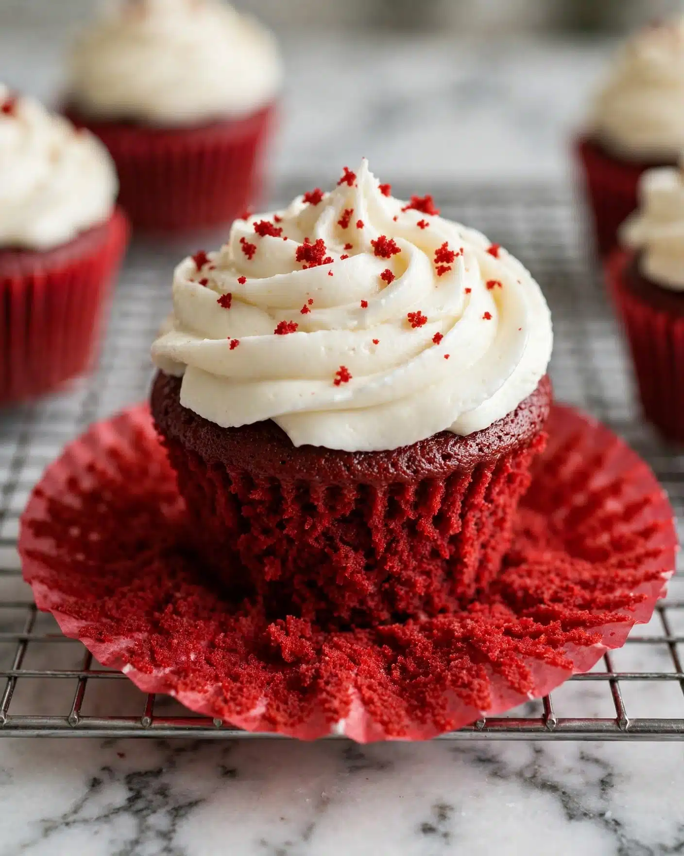 Red Velvet Cupcakes with Cream Cheese Frosting Recipe 5 The image shows a close-up of a red velvet cupcake with a thick, creamy white frosting swirled on top. The cupcake liner is bright red and fully opened below the cupcake, revealing the rich, moist, and crumbly red cake that contrasts with the smooth texture of the frosting. Some red crumbs are scattered on the frosting. The cupcakes are placed on a cooling rack over a white marbled surface, with parts of other cupcakes visible out of focus in the background. photo taken with an iphone --ar 4:5 --v 7