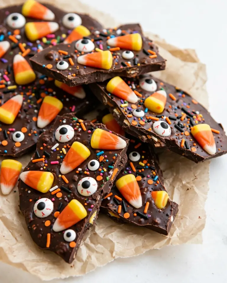 Spooky Halloween Bark with Candy Corn, Candy Eyeballs, and Mix-ins Recipe