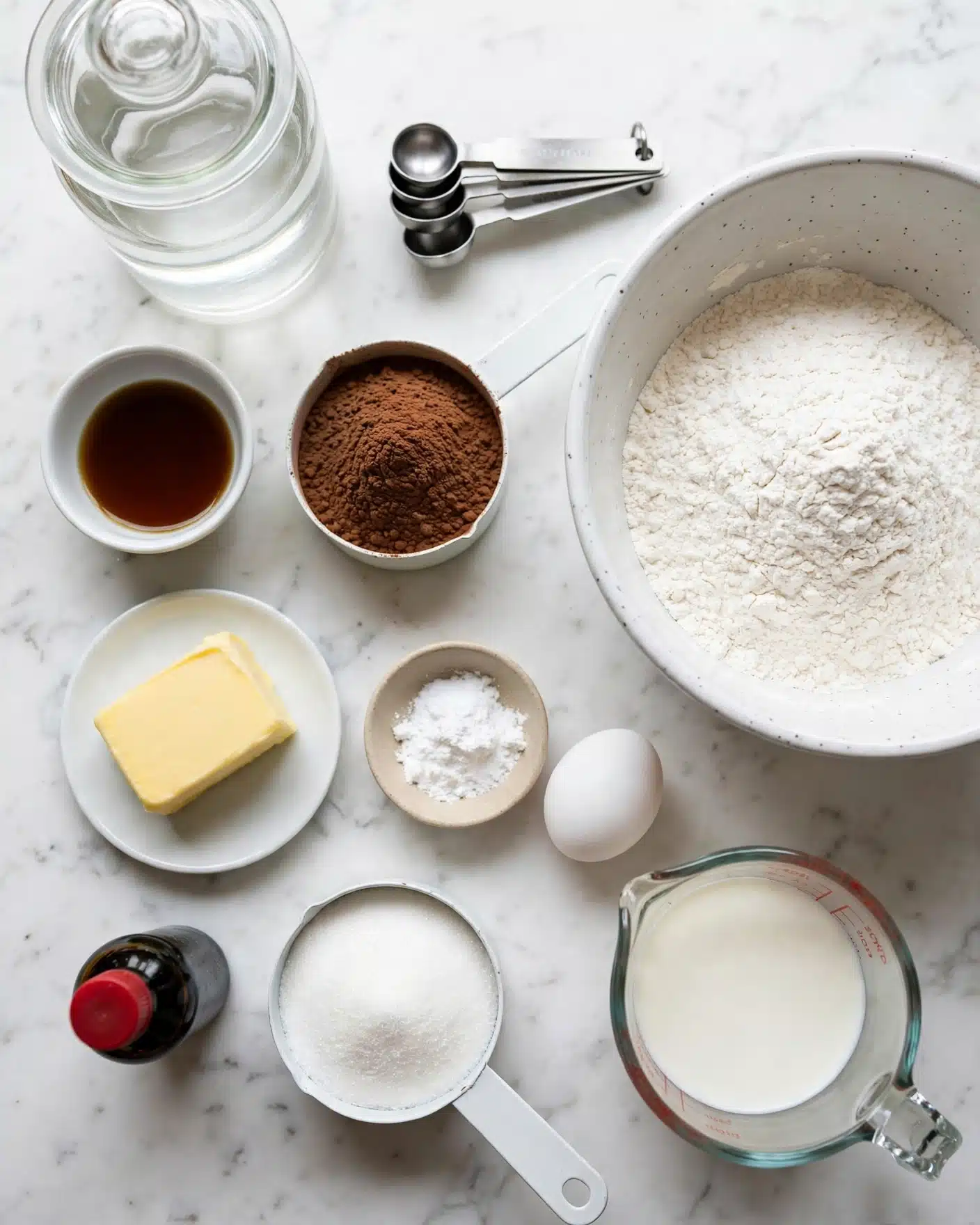 Red Velvet Cupcakes with Cream Cheese Frosting Recipe 4 The image shows various baking ingredients arranged neatly on a white marbled surface. Starting from the top left, there is a glass jar filled with a clear liquid, next to a set of four metal measuring spoons stacked together. Below them is a small white bowl holding a dark amber liquid, next to a white measuring cup filled with brown cocoa powder. To the right is a large white speckled mixing bowl filled with white flour. Below the spoons and bowls, there is a white plate with a thick piece of yellow butter. Near the center bottom, a small beige dish contains white baking powder and salt, with a single white egg placed next to it. On the bottom left, a small dark bottle with a red cap holds a dark liquid, and beside it, a white measuring cup filled with granulated white sugar. Finally, a clear glass measuring cup holds a white liquid, indicating milk or cream. The overall layout is clean and minimal, with all items spaced out evenly. Photo taken with an iphone --ar 4:5 --v 7