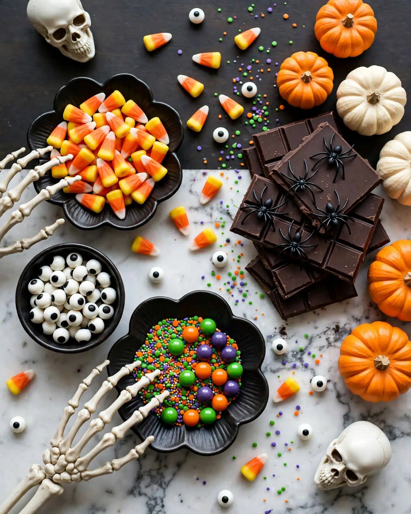 The image shows a dark tabletop with Halloween treats and decorations arranged on it. There is a white marbled surface underneath. On the left side, a black plate shaped like a flower holds many candy corns, with a woman's skeletal hand shape reaching on the left edge. Below it, a small black bowl is full of white candy eyes with black pupils. Nearby, a black flower-shaped dish holds colorful sprinkles and candy balls in green, orange, and purple, also near a woman's skeletal hand. To the right, several dark chocolate bars are stacked and partly broken, with small plastic black spiders on top. Bright orange and white mini pumpkins are placed around the chocolates. Scattered candy corns and candy eyes spread across the table along with some colorful sprinkles. Small plastic skulls in white sit at the top left and bottom right corners. The whole arrangement is festive and spooky. photo taken with an iphone --ar 4:5 --v 7