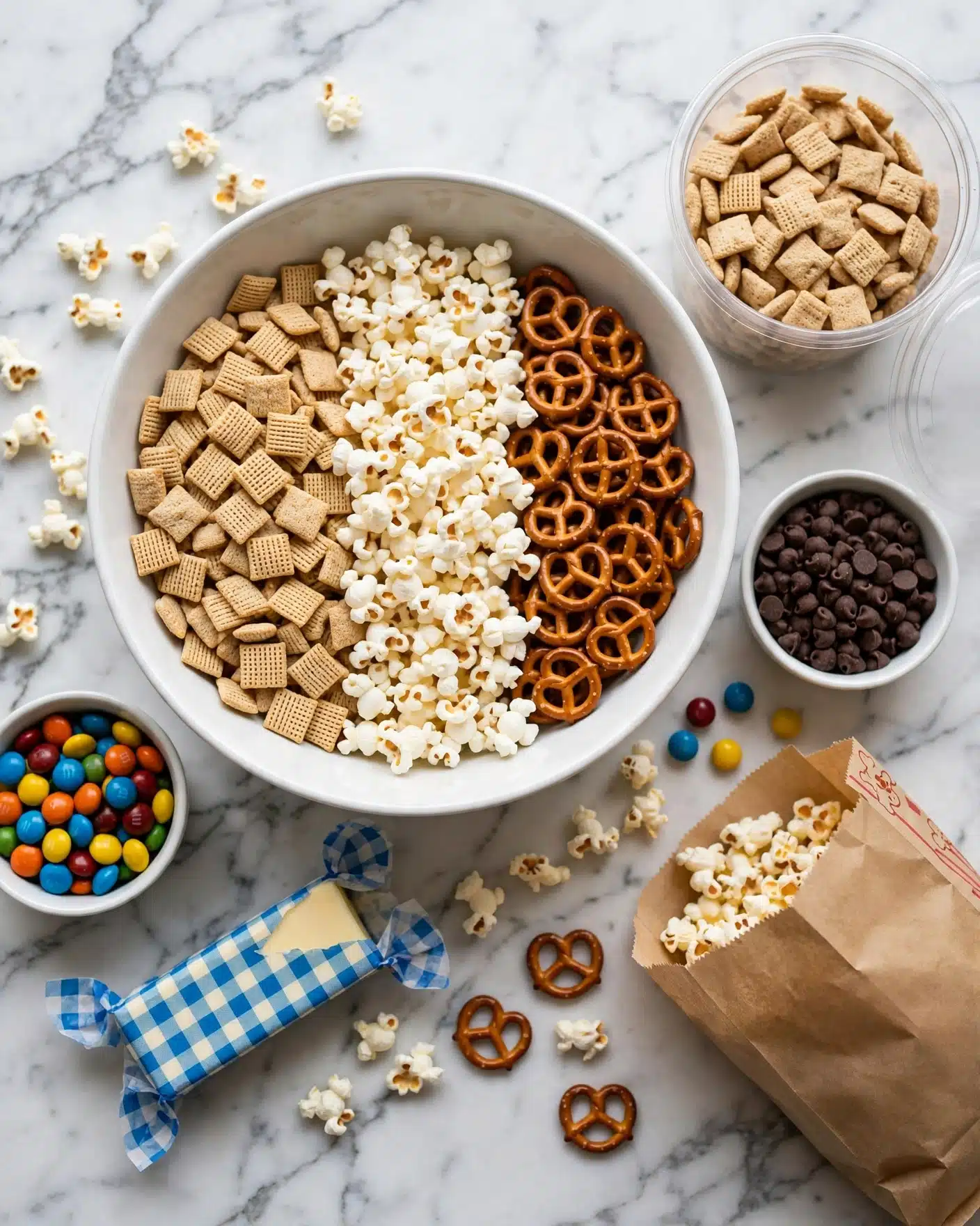 A large white bowl filled with three sections of snack mix: light tan square cereal pieces, white popcorn, and brown pretzels, all layered side by side. The bowl sits on a white marbled surface with scattered popcorn and pretzels nearby. Around the bowl are small white bowls holding colorful candy coated chocolates and chocolate chips. A stick of butter on blue and white paper and a plastic container filled with the same cereal are also on the surface, with a paper popcorn bag partially opened. Photo taken with an iphone --ar 4:5 --v 7