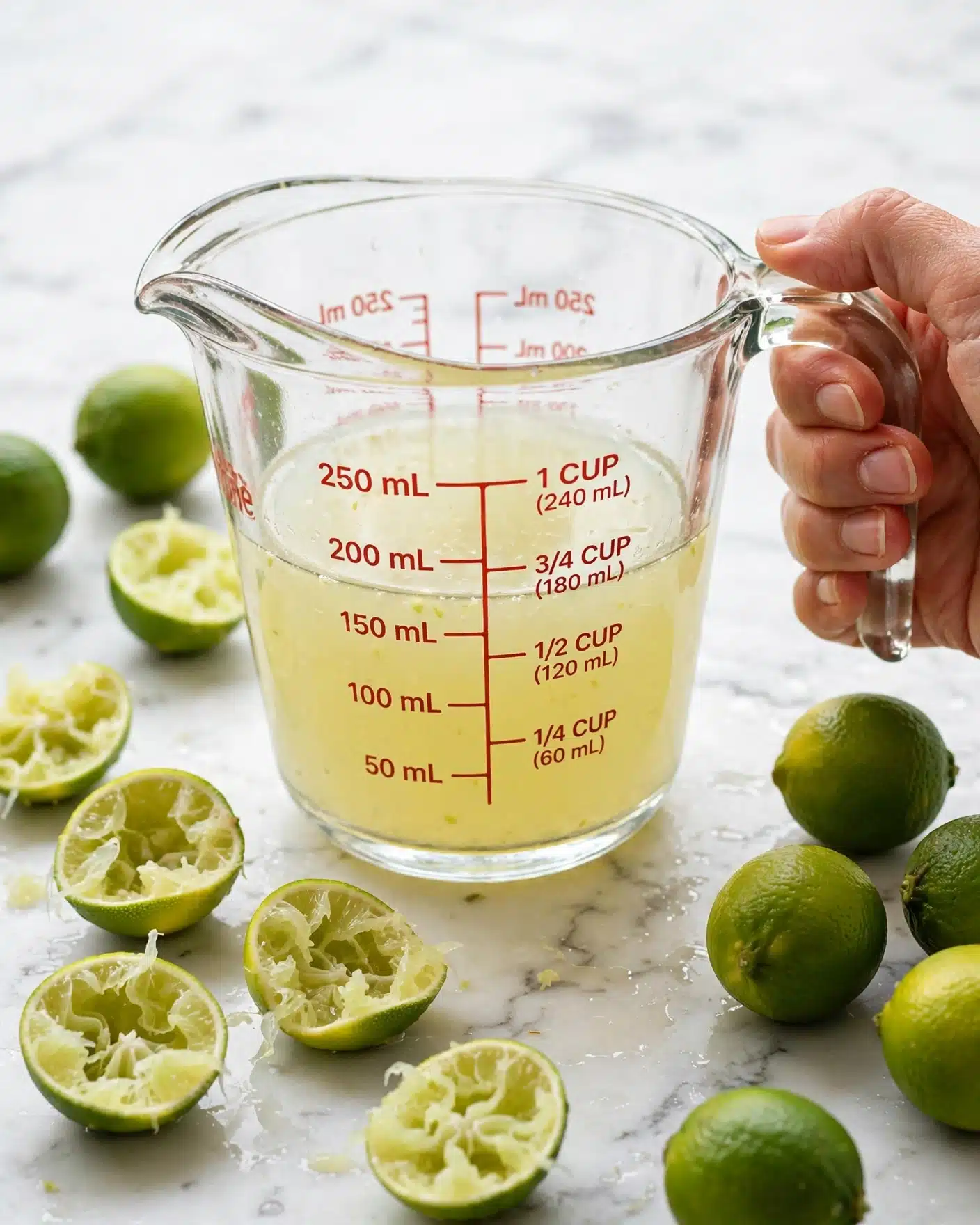 The image shows a clear glass measuring cup with light yellow lime juice inside, about halfway full. The cup is placed on a white marbled surface scattered with several squeezed lime halves and whole small green limes. A woman's hand gently holds the handle of the measuring cup, which has red measurement markings on its side. The scene is bright and fresh-looking, with the green limes contrasting against the clean white marbled surface photo taken with an iphone --ar 4:5 --v 7