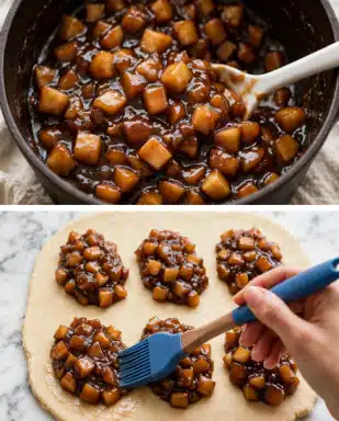 The first image shows a close-up of a pot filled with a chunky apple filling in a thick dark brown sauce, with a white spoon stirring the mixture. The pieces of apple are small, cubed, and covered in the glossy sauce. In the second image, six oval piles of the same apple filling are placed evenly on a sheet of light beige pastry dough set on a white marbled surface. A woman’s hand holding a blue brush is visible, gently brushing the dough around one of the apple piles. The dough looks smooth and slightly raised under the filling. Photo taken with an iphone --ar 4:5 --v 7