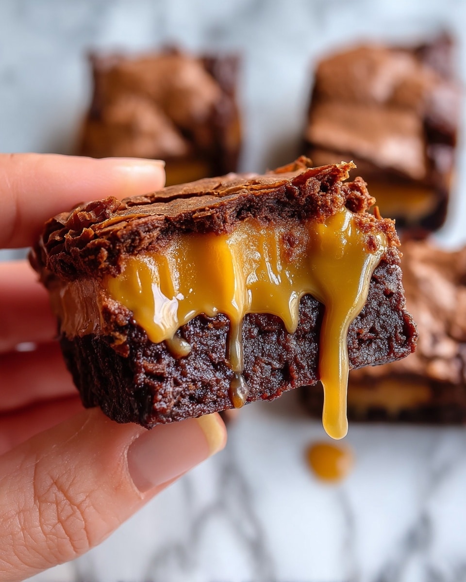 Salted Caramel-Stuffed Brownies Recipe 4 The image shows several thick, square brownies with a cracked top layer that is shiny and slightly flaky. Below the cracked surface, there is a dark, rich chocolate layer with a smooth texture. One brownie piece reveals a gooey, light tan filling inside, adding contrast to the dark chocolate. The brownies are placed on white parchment paper over a white marbled surface. A close-up of the dessert highlights the dense and moist texture of the brownies. Photo taken with an iphone --ar 4:5 --v 7