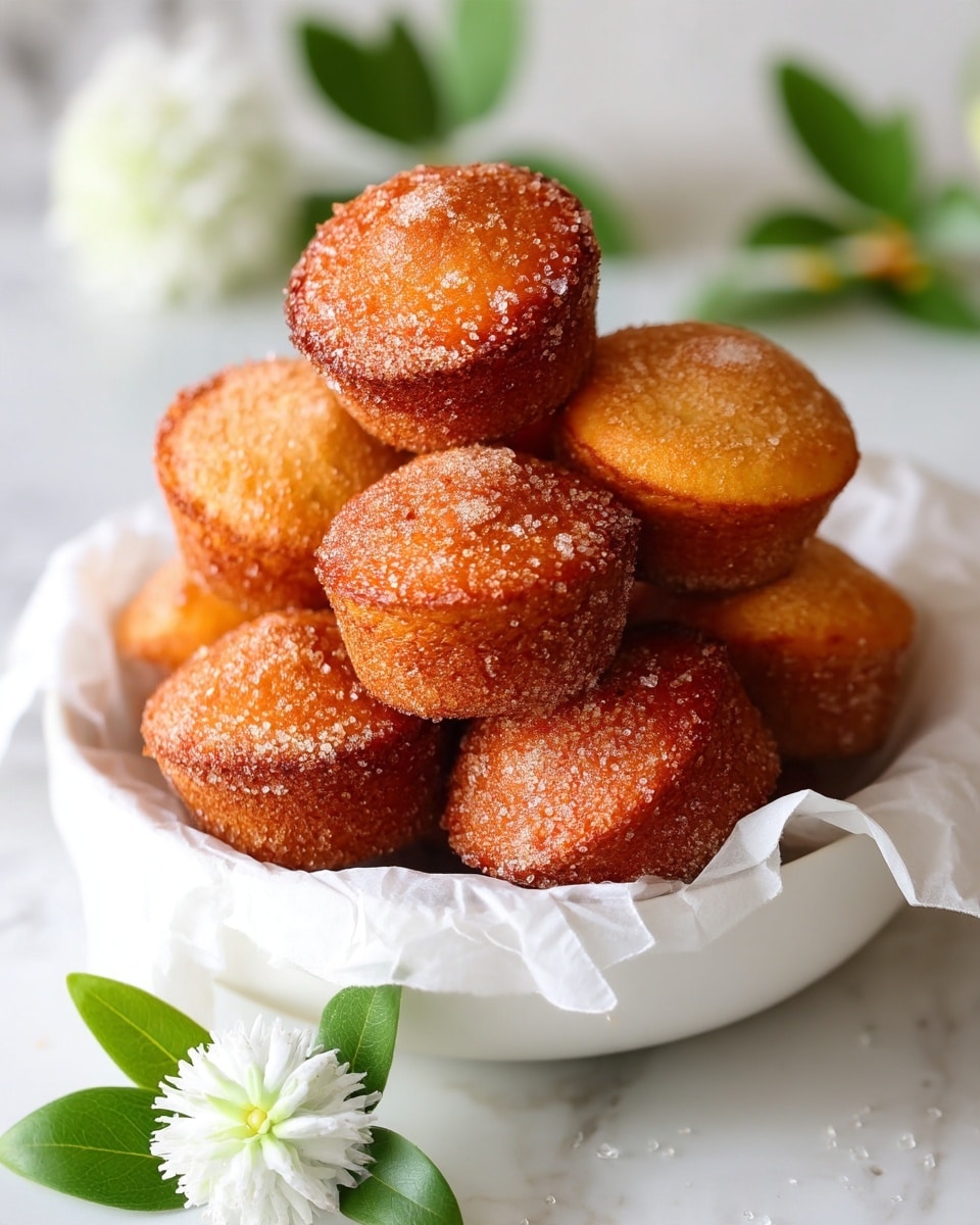 Mini Cinnamon Muffins Recipe 5 A pile of small, golden brown muffins covered in sugar grains sits on crumpled white parchment paper inside a white bowl. The muffins have a slightly rough texture and rounded top edges, stacked unevenly with some muffin tops more domed than others. Behind the bowl, there are two small white flowers with green leaves, softly blurred. The image is close-up and softly lit, highlighting the warm, sugary surface of the muffins and the delicate details of the flowers. The background is a white marbled texture photo taken with an iphone --ar 4:5 --v 7