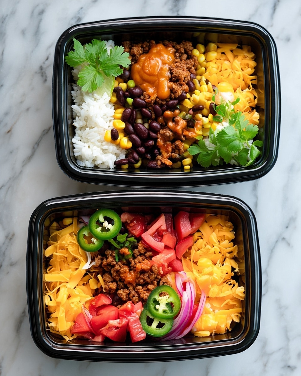 Turkey Taco Bowls Recipe 5 Two black plastic containers filled with layered burrito bowls sit on a white marbled surface. Each bowl has six layers arranged side by side: white rice with a green lime slice and green cilantro on one side, bright yellow corn kernels next to shiny black beans, brown cooked ground meat with a drizzle of orange sauce in the center, diced red tomatoes adjacent to thin light purple onion slices, thin curled yellow cheddar cheese shreds, and sliced green jalapenos on top of the meat or onions. The bowls are neatly packed with vibrant colors and clear separation of ingredients, creating a fresh and colorful look. Photo taken with an iphone --ar 4:5 --v 7