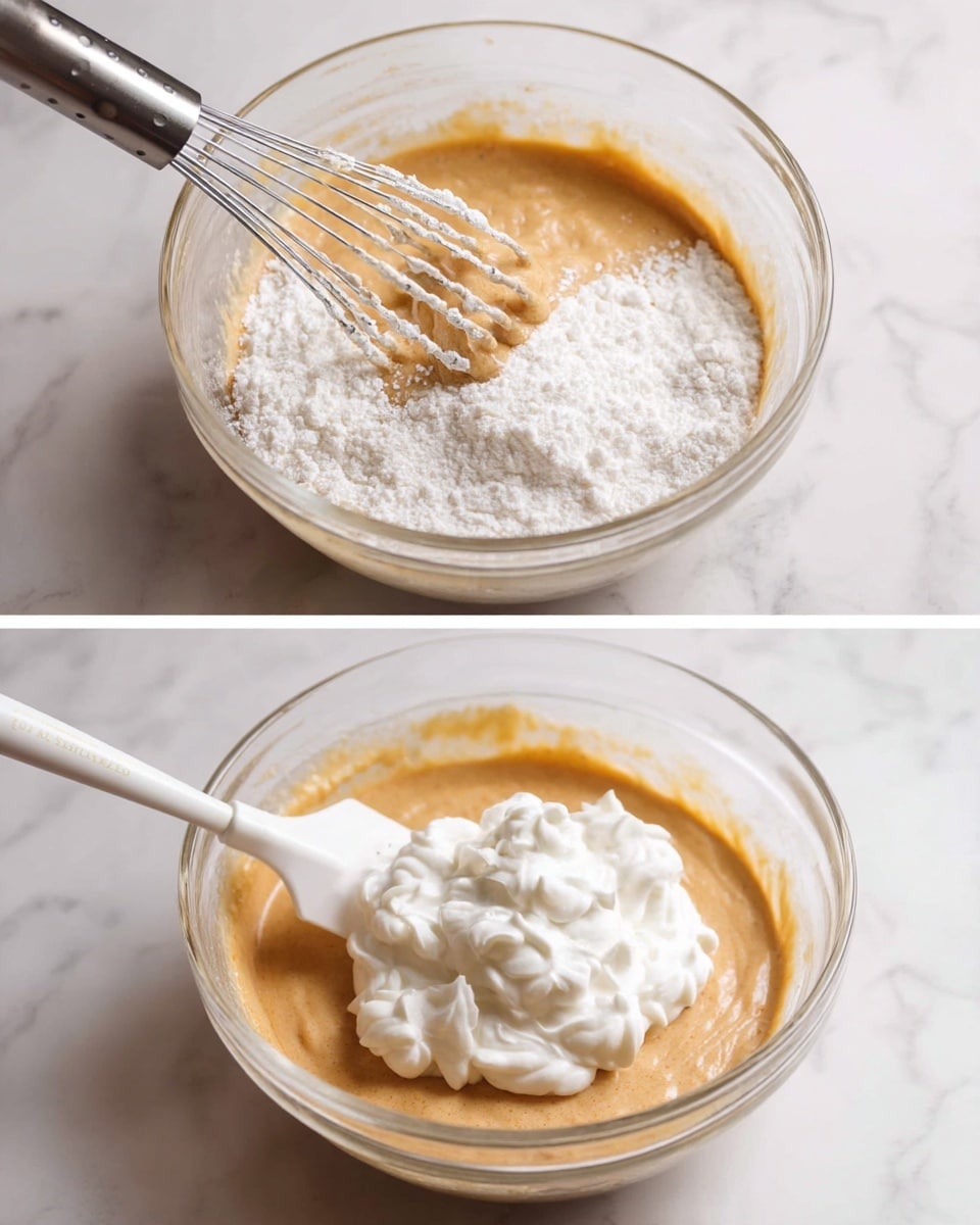Belgian Waffles Recipe 4 A clear glass bowl holds a light brown batter mixture as a metal whisk is partially dipped in it, with white flour sprinkled on top and around the batter in the first image; in the second image, the batter turns creamier in texture with a few dollops of white fluffy whipped mixture on top being folded in with a white spatula, all set on a white marbled surface. photo taken with an iphone --ar 4:5 --v 7