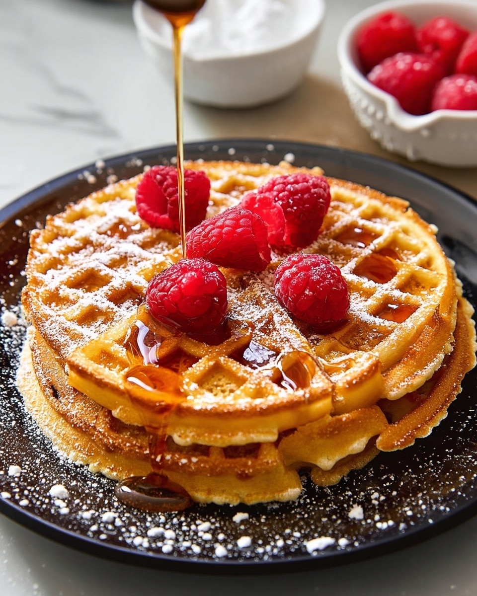 Belgian Waffles Recipe 5 A thick, golden brown waffle sits centered on a white plate, showing clear grid patterns and soft steam hints. On top, there is a dollop of white cream with a smooth texture, surrounded by bright red raspberries, deep blue blueberries, and a sliced red strawberry with green leaves on top. The berries look fresh and juicy, and a light dusting of white powdered sugar covers the whole waffle and fruit, adding a soft snowy touch. Around the plate on a white marbled surface, there are extra blueberries and strawberries for decoration, with a golden fork placed near the plate edge. photo taken with an iphone --ar 4:5 --v 7