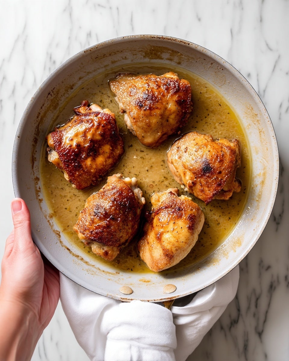 A white pan holds five pieces of browned cooked chicken thighs sitting in a shallow layer of light brown sauce, with a slightly glossy texture and small patches of dark caramelized spots on the chicken skin; the pan’s handle is held by a woman's hand wrapped in a white cloth, and the background shows a white marbled surface photo taken with an iphone --ar 4:5 --v 7