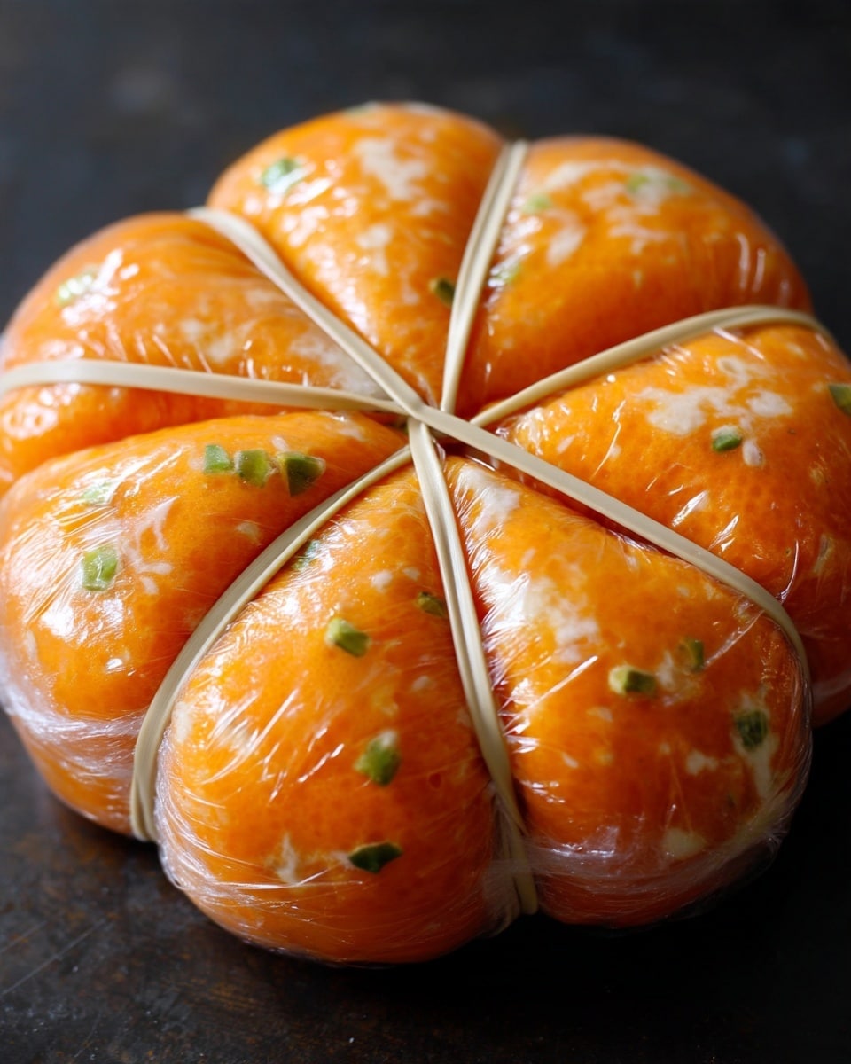 Pumpkin-Shaped Cheeseball Recipe 4 A round, orange food item divided into eight equal sections, each wrapped tightly with clear plastic wrap, creating a smooth and shiny surface. The sections are held together in the center and along the edges with thin beige rubber bands, forming a flower-like shape. The orange pieces show some white patches and small green spots scattered throughout. The whole arrangement rests on a dark surface, with a close-up view that highlights the texture and glossy covering. photo taken with an iphone --ar 4:5 --v 7
