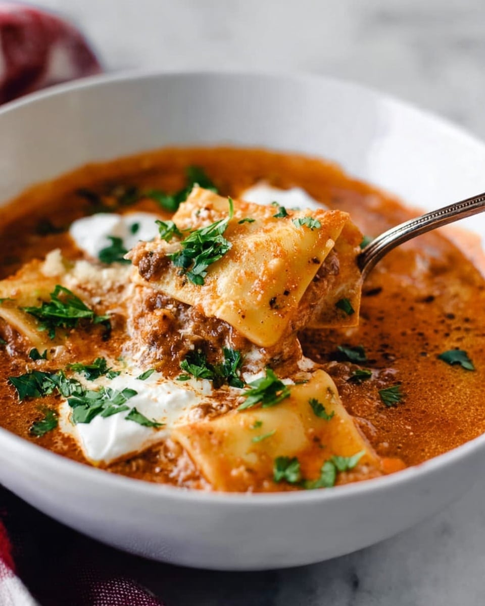 The image shows a close-up view of a white bowl filled with a rich, creamy orange-brown soup. A woman's hand is holding a spoon lifting a piece of soft, melting lasagna layered with tender pasta sheets colored light golden with visible bits of browned meat and melted cheese. The surface of the soup is scattered with fresh green parsley leaves and small white dollops of creamy sour cream, adding contrast to the warm colors. The bowl sits on a white marbled surface, enhancing the vibrant tones of the dish. photo taken with an iphone --ar 4:5 --v 7