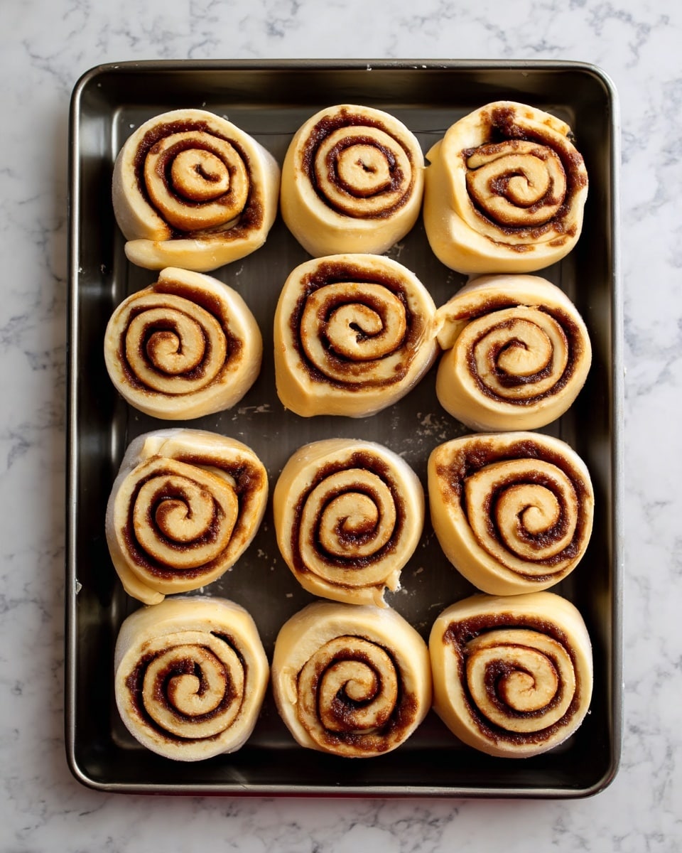 No Knead Cinnamon Rolls Recipe 4 The image shows a baking tray with twelve cinnamon rolls arranged in three rows of four. Each cinnamon roll has a light golden dough with a spiral pattern of dark brown cinnamon filling visible from the top. The dough looks soft and slightly shiny, and the rolls are close to each other but not touching. The tray is placed on a white marbled surface. Photo taken with an iphone --ar 4:5 --v 7
