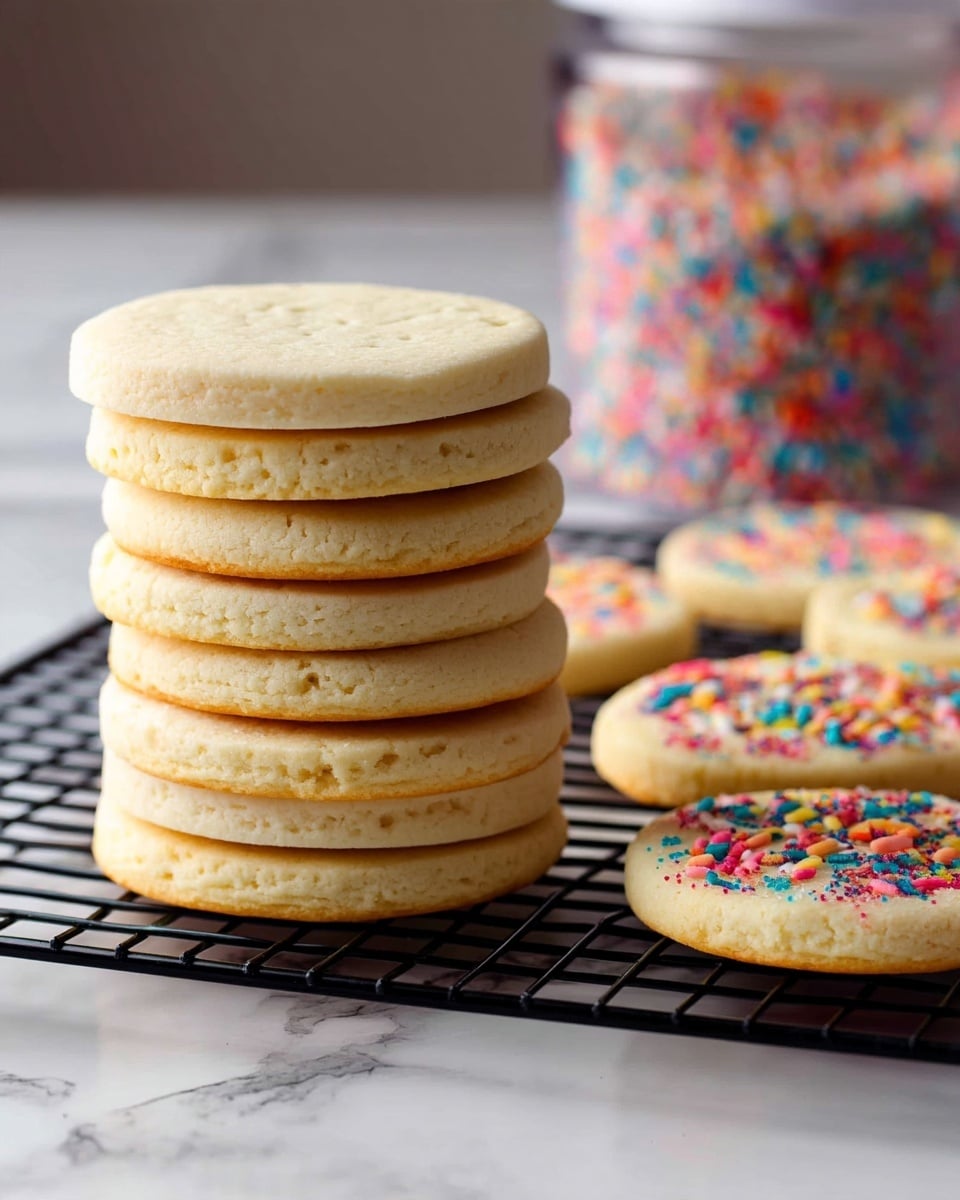 The image shows a close-up of two stacks of plain, round cookies with a light beige color and soft texture on a black wire rack. One stack is neat with eight cookies piled vertically, showing some slight air bubbles and smooth edges. Nearby, three cookies lean against each other in a casual pile. The background is blurred, featuring a container with colorful sprinkles, and everything is placed on a white marbled surface. Photo taken with an iphone --ar 4:5 --v 7