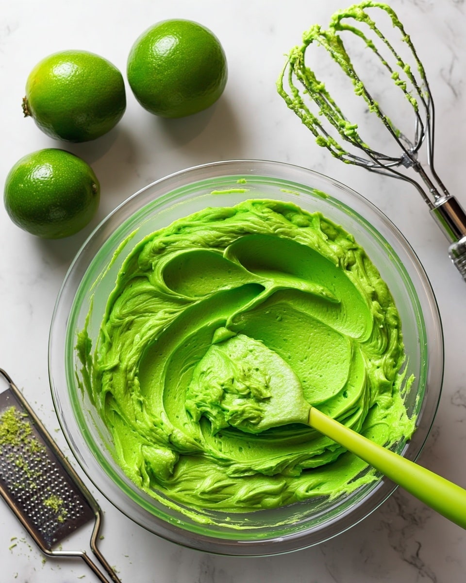 A clear glass bowl filled with one thick layer of bright green, creamy mixture with a smooth and slightly whipped texture. A green spatula rests inside the bowl, partially covered with the same bright green mixture. The bowl sits on a white marbled texture surface with three whole green limes placed nearby on the left side. On the right side, there is a metal mixer beater with some green mixture stuck to it. A metal grater with green lime zest rests at the bottom left corner. Photo taken with an iphone --ar 4:5 --v 7