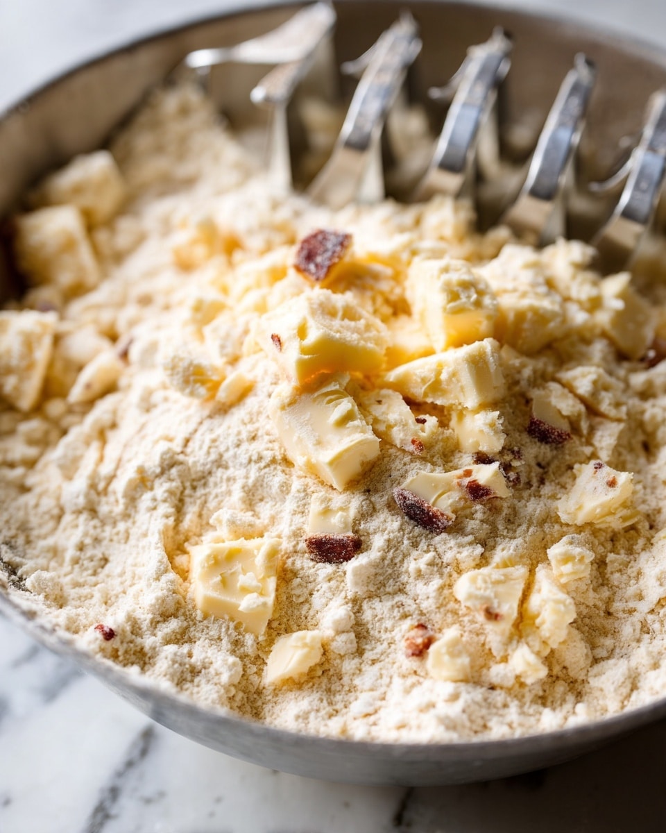 A close-up view of a mixture in a large metal bowl placed on a white marbled surface, showing a layer of fine, light beige flour with small, uneven chunks of pale yellow butter dotted throughout. The butter pieces have small bits of brown rind attached, adding texture. A metal pastry cutter with curved blades is partially embedded in the flour, positioned at the top center of the image. The scene is softly lit, highlighting the powdery texture of the flour and the firmness of the butter pieces. photo taken with an iphone --ar 4:5 --v 7
