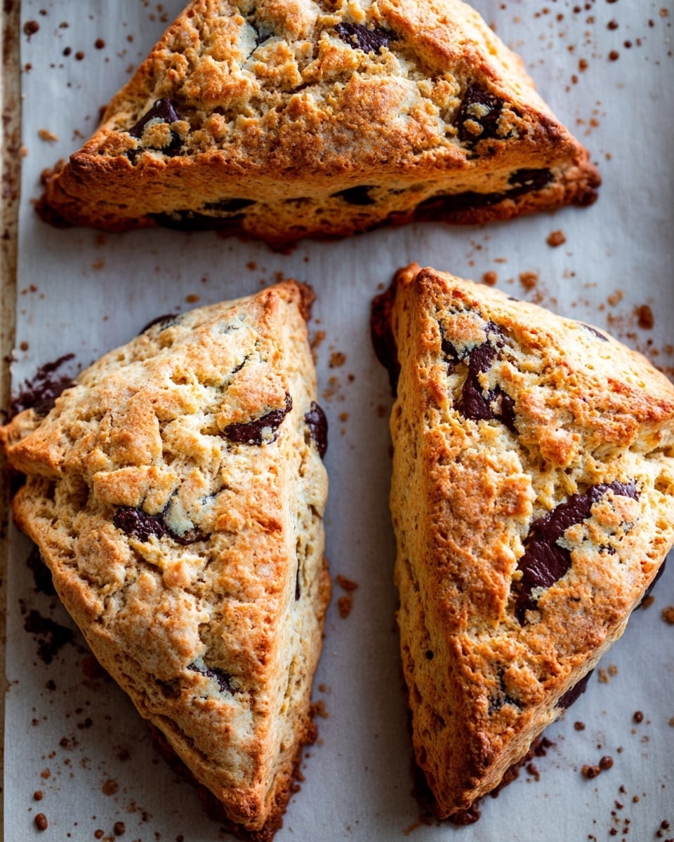 The image shows five triangular scones arranged on a white paper-lined baking tray with a dark brown edge, set on a white marbled surface. Each scone is light brown and has a slightly rough texture with visible dark chocolate chunks scattered throughout. The scones are placed in a row close to each other, with a soft focus on the scones at the front and back, highlighting the middle scone in clear detail. The background is softly blurred with a hint of white fabric near the top right corner. photo taken with an iphone --ar 4:5 --v 7