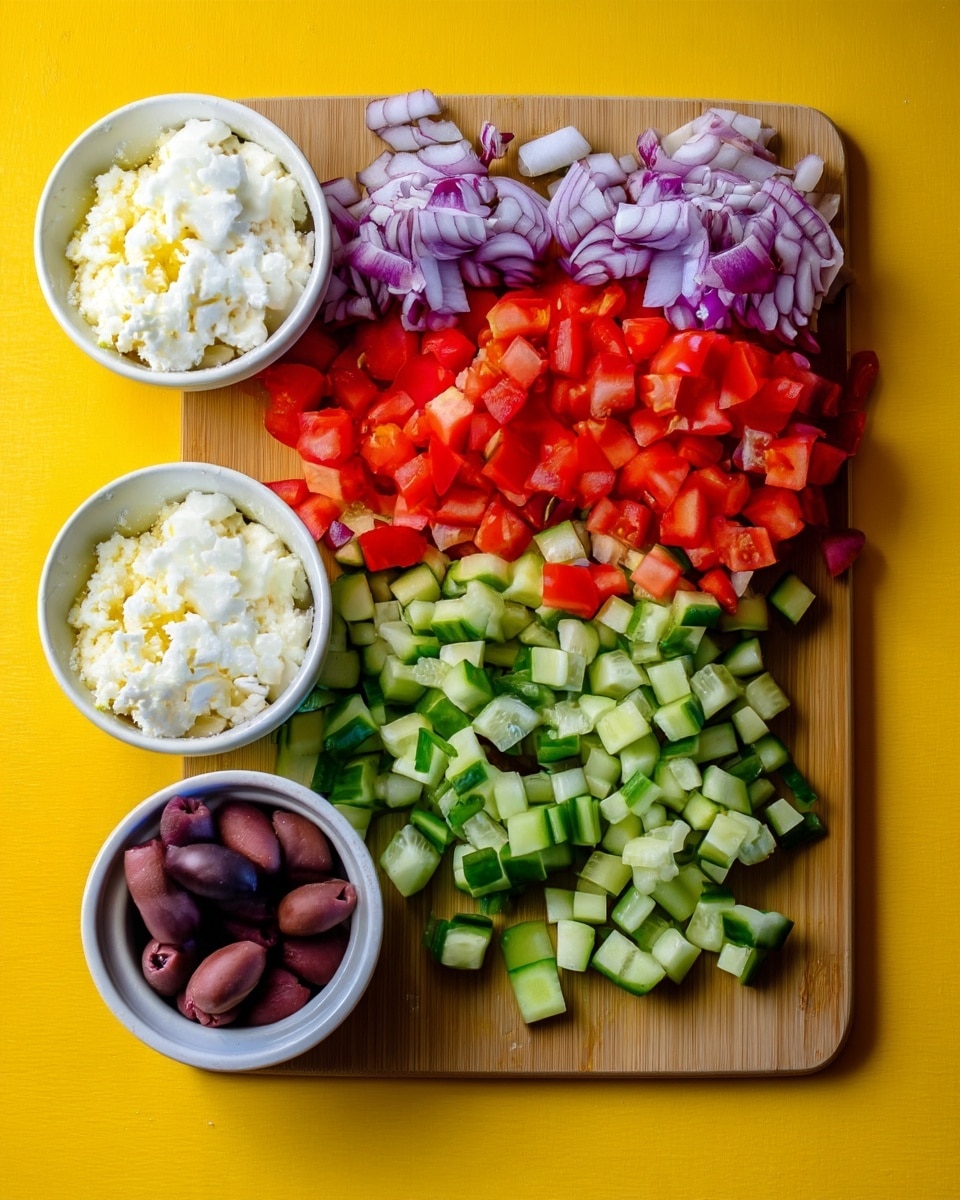 The image shows finely chopped vegetables arranged on a yellow cutting board, with layers of red tomatoes in the center, green cucumbers below, and purple-red onions at the top left. There are two small white bowls, one filled with white crumbly cheese on the left side next to the cucumbers, and the other with dark purple olives at the bottom left corner. The colors contrast well with the yellow background, making the fresh ingredients stand out clearly. Photo taken with an iphone --ar 4:5 --v 7