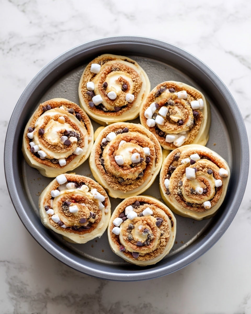 Seven spiral rolls are arranged closely together in a round gray baking pan on a white marbled surface. Each roll has three visible layers: the base dough in a pale yellow color, a middle layer of crumbly light brown sugar mixed with small dark chocolate chips, and a top layer dotted with small white mini marshmallows and more crumbs. The rolls look soft and fluffy, with a rough crumbly texture on top and smooth dough spirals underneath. photo taken with an iphone --ar 4:5 --v 7