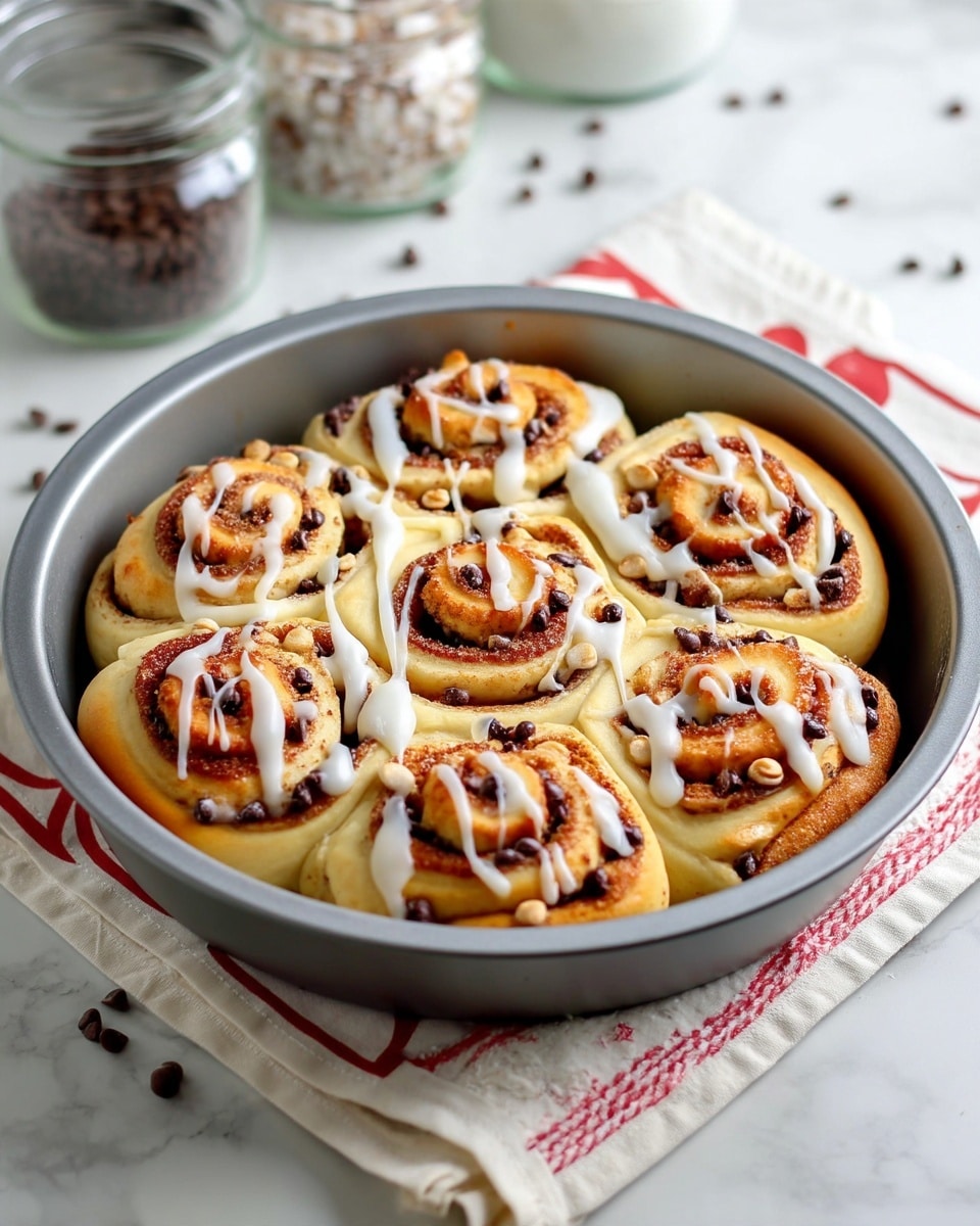 A round gray baking pan holds eight golden brown cinnamon rolls, each with visible swirls filled with dark brown cinnamon sugar and small chocolate chips. The rolls have a smooth, creamy white icing drizzled thickly over the top in uneven lines. The pan is placed on a white cloth with red patterns, set against a dark surface. Next to the pan, there is a clear container filled with tiny white marshmallows and a clear bowl full of small chocolate chips, with some marshmallows and chips scattered around. The surface is changed to a white marbled texture. photo taken with an iphone --ar 4:5 --v 7