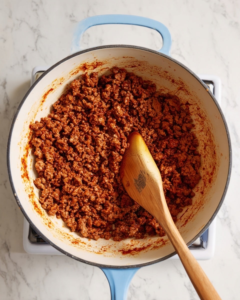 Inside a white cast iron pot, small pieces of brown cooked ground meat are spread evenly, showing a slightly crumbly and moist texture. A wooden spoon with a smooth surface rests on the meat at the top right, partially stained with oil. The pot sits on a stove with a white marbled surface visible around its base. The pot’s rim and one handle, visible on the right, are a soft blue color. photo taken with an iphone --ar 4:5 --v 7