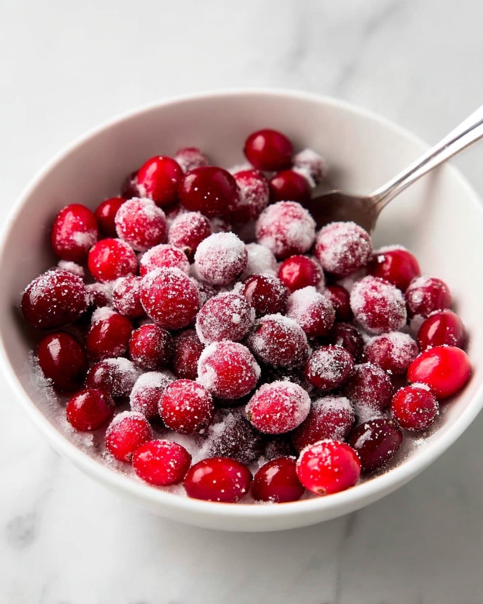 A white bowl filled with bright red cranberries covered with a layer of white sugar. The cranberries are round and shiny, some are larger and some smaller, all resting closely together. The sugar looks fine and powdery, sprinkled all over the cranberries, creating a slightly frosted look. A silver spoon is placed inside the bowl on the right side, partially buried under the sugar and cranberries. The bowl is on a white marbled surface, soft light shows gentle shadows and highlights on the berries and sugar. photo taken with an iphone --ar 4:5 --v 7