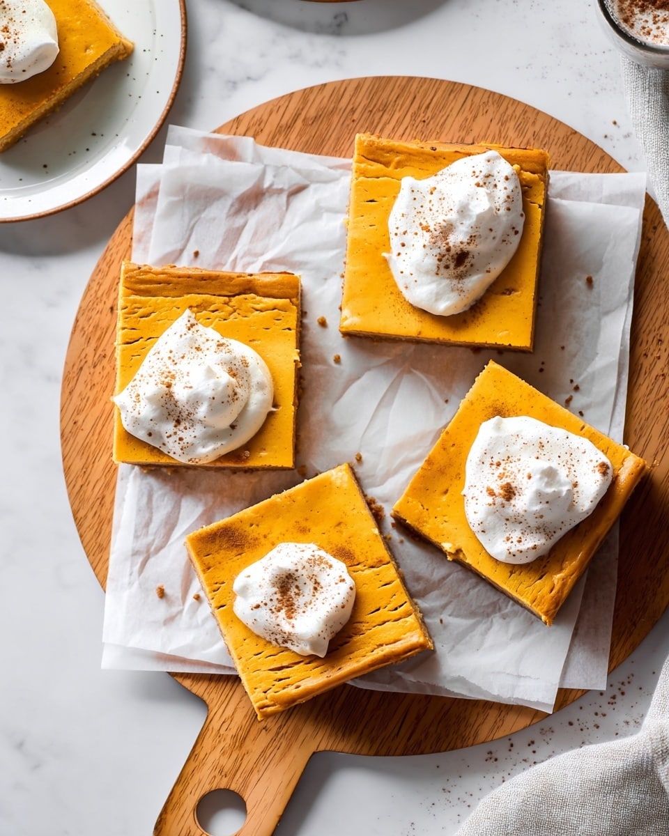 The image shows five square pieces of pumpkin dessert arranged on white parchment paper over a wooden board. Each square has two visible layers: a bottom crust layer in light brown and a thick top pumpkin layer in bright orange with a smooth texture. On top of each piece is a dollop of white whipped cream sprinkled with light brown cinnamon powder. Part of a white plate with a corner of the dessert is visible at the top left corner on a white marbled surface. The overall look is neat with warm autumn colors, and the pieces are evenly spaced. Photo taken with an iphone --ar 4:5 --v 7
