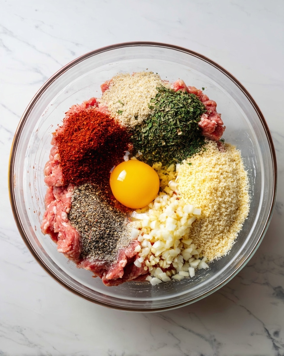 A clear glass bowl sits on a white marbled surface, filled with several layers of ingredients. The bottom layer is raw pink ground meat, topped on one side with a raw egg yolk in a small pool of egg white. Around the center, there are separate piles of chopped white garlic, bright red paprika powder, black pepper, green dried herbs, and a heaping amount of pale yellow breadcrumbs. Each ingredient is clearly visible and kept in distinct spots before mixing photo taken with an iphone --ar 4:5 --v 7