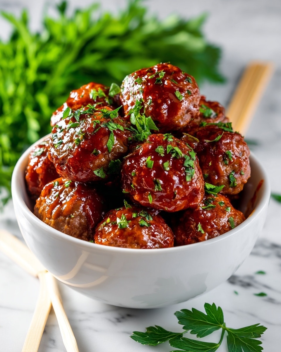 A white bowl filled with a pile of shiny, glazed meatballs, each coated in a rich, reddish-brown sauce that gives them a glossy look. The meatballs are sprinkled with bright green chopped herbs, adding color contrast and freshness. The bowl sits on a white marbled surface with a bunch of fresh green herbs blurred in the background. Two light wooden chopsticks rest nearby. Photo taken with an iphone --ar 4:5 --v 7