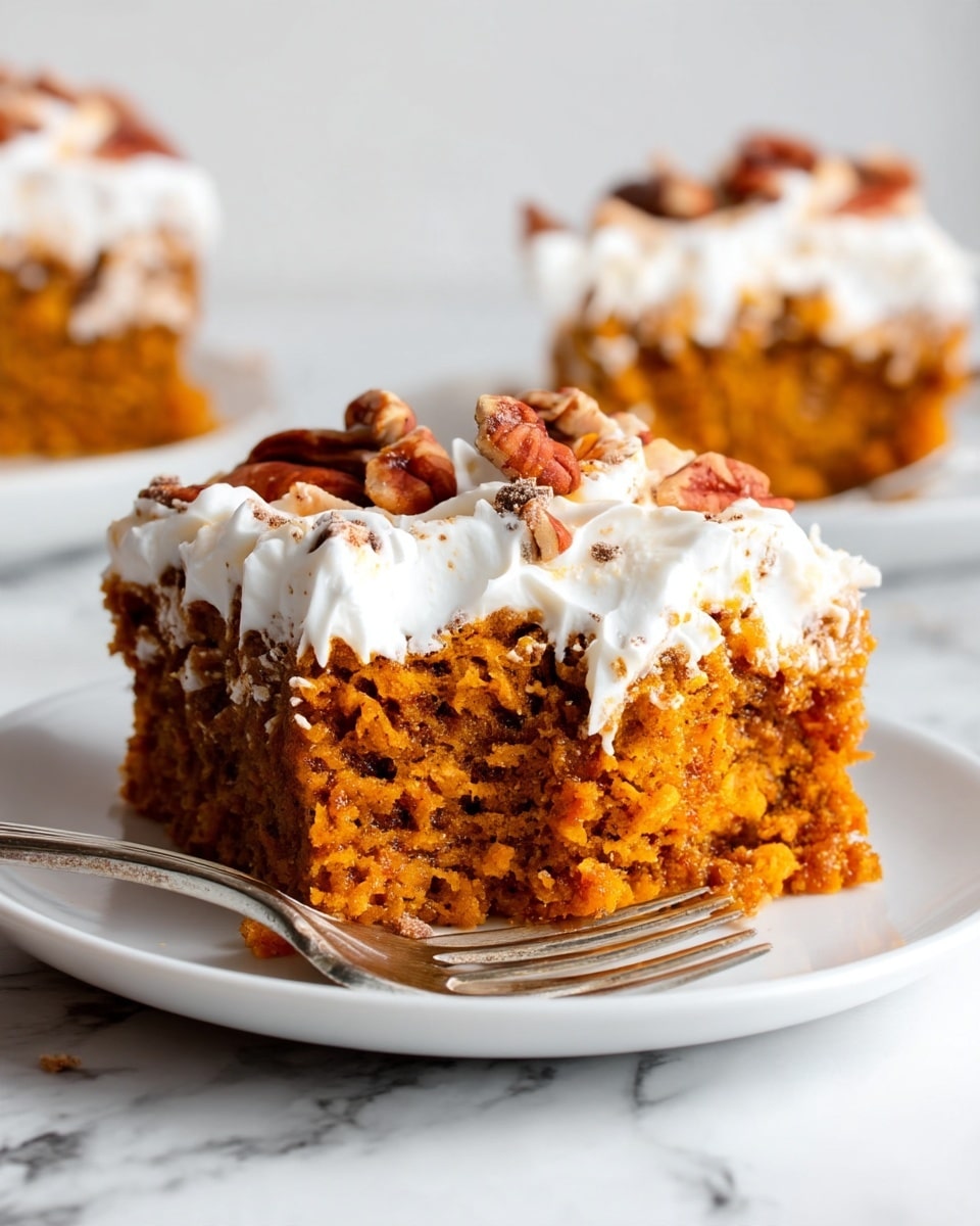 The image shows a dessert slice with two main layers on a white plate set on a white marbled surface. The bottom layer is a thick, moist orange-brown cake with a soft, crumbly texture. The top layer is a generous spread of smooth white cream that looks light and fluffy. Pieces of pecans are scattered on top, adding a crunchy texture with their deep brown color. A silver fork rests on the plate, holding a piece of the dessert, showing the rich, moist interior mixed with white cream and pecan bits. Photo taken with an iphone --ar 4:5 --v 7