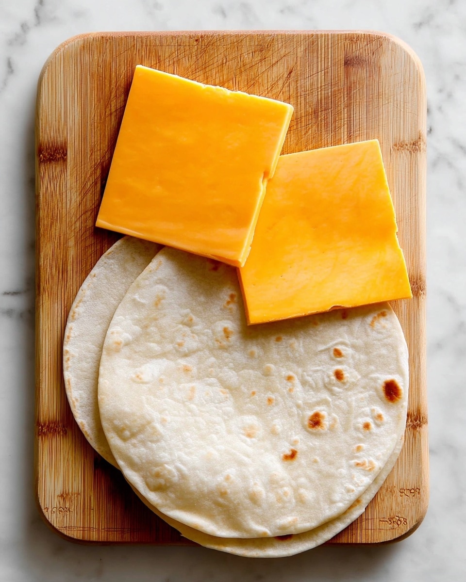 The image shows two white flour tortillas placed side by side at the bottom of a wooden board that sits on a white marbled surface. At the top left of the wooden board, there are two square slices of cheddar cheese, bright orange in color and slightly overlapping each other. The tortillas have a soft, slightly textured surface with small brown spots, and the cheese slices are smooth with clean edges. Photo taken with an iphone --ar 4:5 --v 7