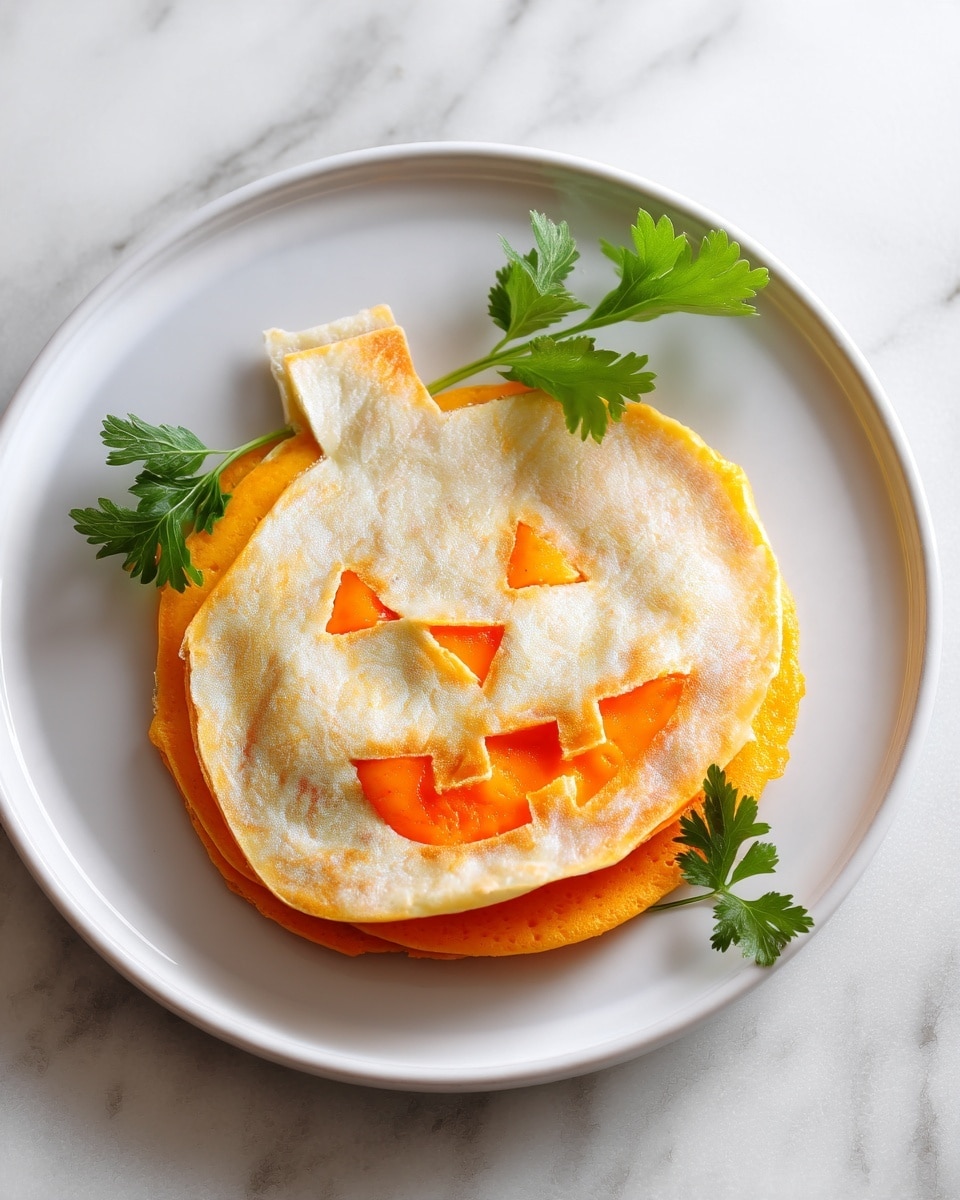 The image shows a white plate on a white marbled surface with an orange cloth underneath. On the plate, there is a layered jack-o'-lantern shaped dish made of two pale, round flat layers resembling tortillas or flatbreads. The top layer has triangle eyes, a triangle nose, and a smiling mouth cut out, revealing a bright orange filling underneath, creating a pumpkin face. Green cilantro leaves are placed at the top right as a pumpkin stem detail. Photo taken with an iphone --ar 4:5 --v 7