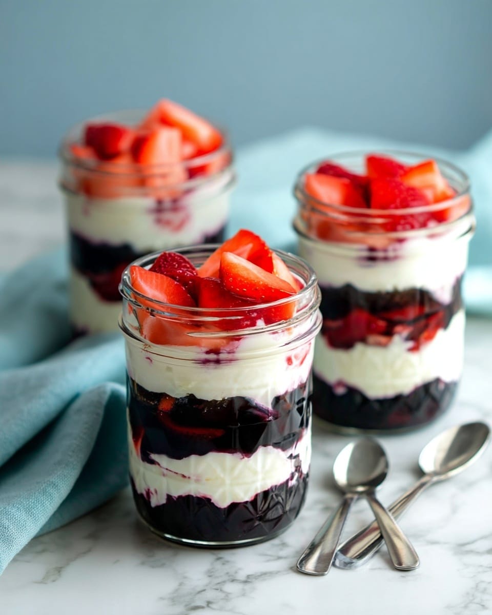 There are three clear glass jars filled with four main layers. At the bottom there is a thick dark purple layer with a rough texture, followed by a smooth white cream layer. Above that is another dark purple layer, then topped with fresh chopped strawberries that are red with some seeds visible. The jars are placed on a brown wooden surface, next to a whole strawberry on the right. The background is a white marbled texture photo taken with an iphone --ar 4:5 --v 7