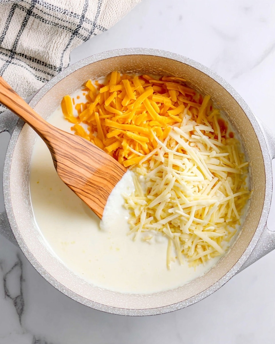 A top view of a white speckled pot filled with creamy white sauce. On top, there are two sets of shredded cheese, one yellow-orange on the left side and one white-yellow on the right side. A wooden spatula is partially dipped into the sauce, resting inside the pot, showing the smooth texture of the sauce being gently mixed with the cheese. The pot is placed on a white marbled surface with a light checkered cloth partially visible in the upper left corner. photo taken with an iphone --ar 4:5 --v 7