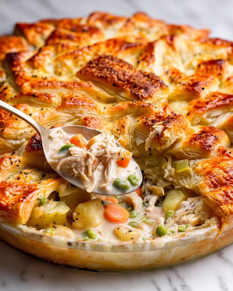 A round dish with a thick top layer of golden brown puff pastry, cut into large diamond shapes with a slightly crispy and cheesy texture, sprinkled with small black pepper bits. Below the top crust is a creamy filling with several visible layers: shredded white chicken pieces mixed with small green peas, chopped orange carrots, and chunks of pale yellow potatoes, all coated in a rich, creamy sauce. A silver spoon is scooping out some filling, showing the distinct layers and textures inside, and the dish rests on a white marbled surface. photo taken with an iphone --ar 4:5 --v 7