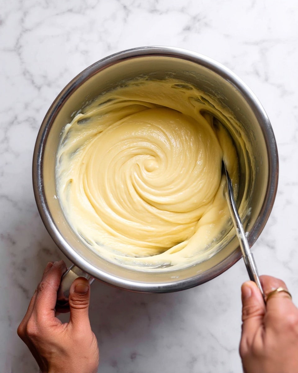 A close-up view of a silver mixing bowl filled with smooth, pale yellow batter being stirred, showing a thick, creamy texture with slight swirls in the center. A woman's hand is holding a utensil inside the bowl, mixing the batter while another hand firmly holds the bowl handle at the bottom left. The bowl is placed on a white marbled surface. photo taken with an iphone --ar 4:5 --v 7