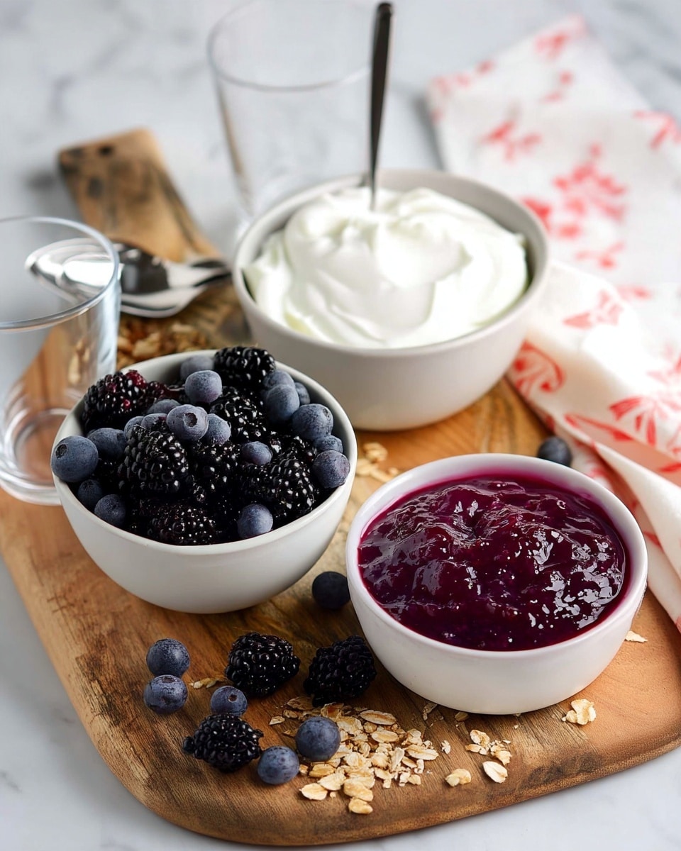 The image shows a wooden board placed on a white marbled surface with three white bowls arranged on it. The bowl at the back contains smooth, white yogurt with a spoon standing inside. In front of it, the middle bowl is filled with a mix of fresh blackberries and blueberries, creating dark purple and blue tones. The front bowl holds a thick, dark purple jam with a shiny, textured surface. Scattered oats, blackberries, and blueberries are spread across the board. Around the board, there are four clear empty glasses placed on the white marbled surface, and a white cloth with a pink floral pattern is partially visible on the side. Photo taken with an iphone --ar 4:5 --v 7