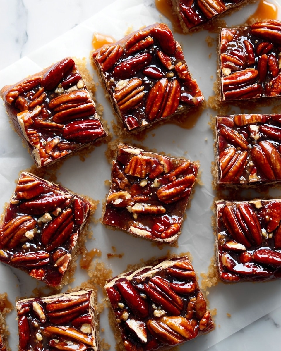 The image shows multiple square pieces of a pecan nut bar arranged closely on white parchment paper with a white marbled surface underneath. Each piece has a thick, dark brown layer of sticky caramel glaze packed with whole and halved pecan nuts, which make the top layer shiny and textured. The bottom layer is lighter and appears to be a crumbly, golden crust, visible around the edges of some squares. The bars are cut into neat squares, with some caramel oozing out slightly between the pieces. Photo taken with an iphone --ar 4:5 --v 7