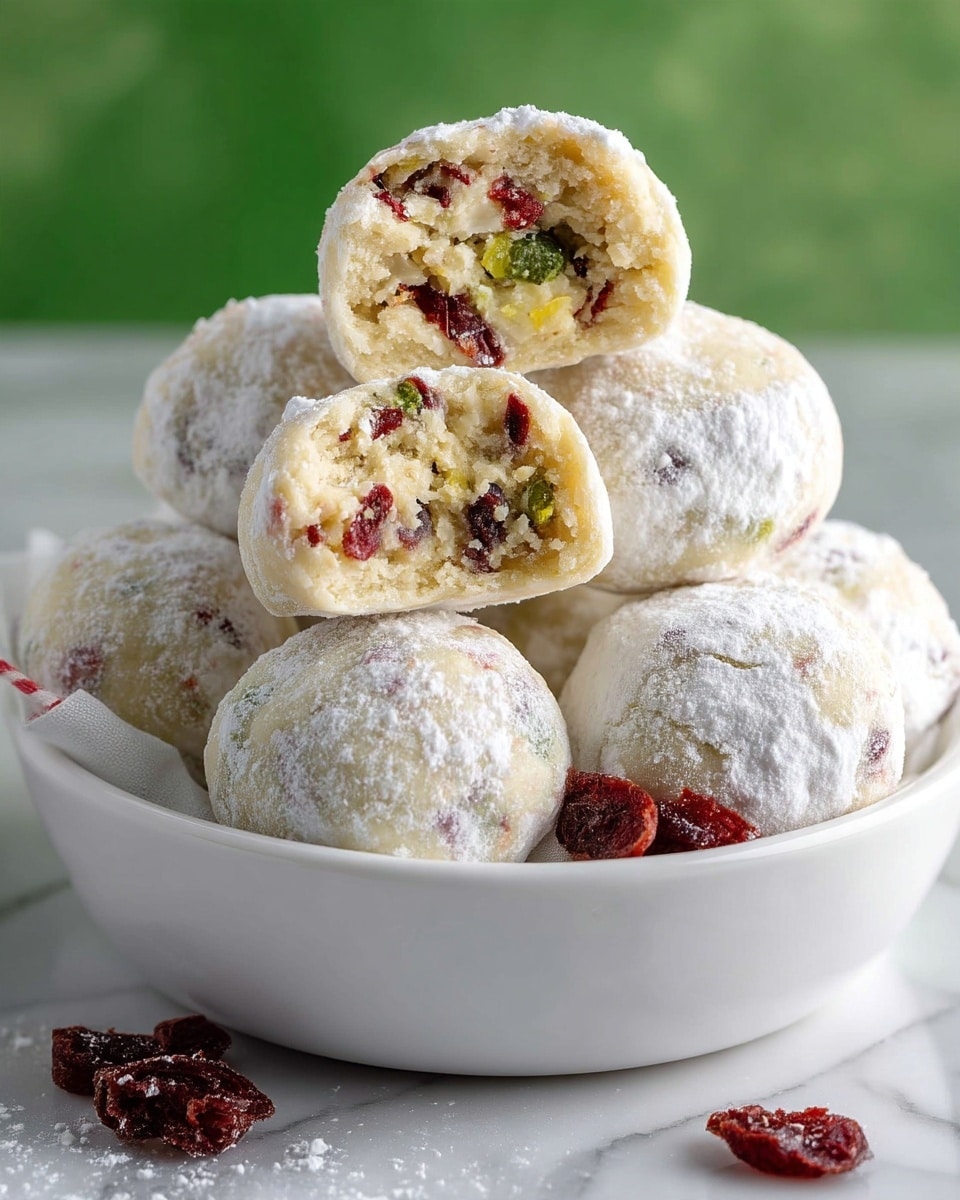 A white cloth-lined white bowl holds round cookies coated in powdered sugar. Each cookie is pale yellow with bits of red and green dried fruit inside. One cookie is broken in half and positioned near the center on top of the others, displaying a creamy, crumbly inside filled with red and green pieces. There is a small piece of red dried fruit next to the bowl. The background consists of a white marbled surface and a soft green blurred area. Photo taken with an iphone --ar 4:5 --v 7
