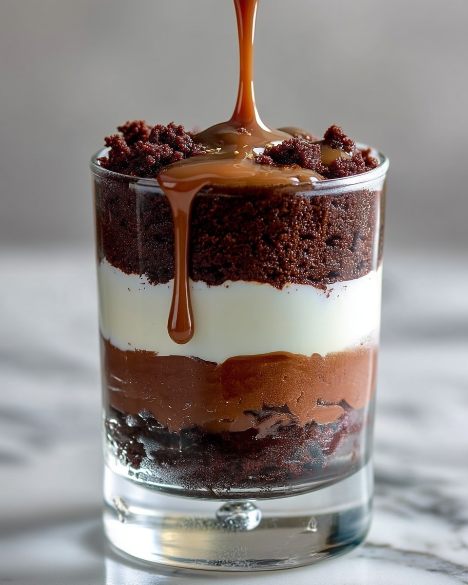 Chocolate Lovers Triple Layer Coffee Caramel Chocolate Mousse Cakes Recipe 5 A clear glass shows four layers of dessert: the bottom layer is dark brown and crumbly chocolate cake, above it is a smooth, thick milk chocolate mousse layer, then a white creamy layer sits on top, and the final layer is a crumbly dark chocolate cake topping. A light brown sauce is being poured over the top, dripping slowly down the sides. The glass is placed on a white marbled surface with a blurred background. Photo taken with an iphone --ar 4:5 --v 7
