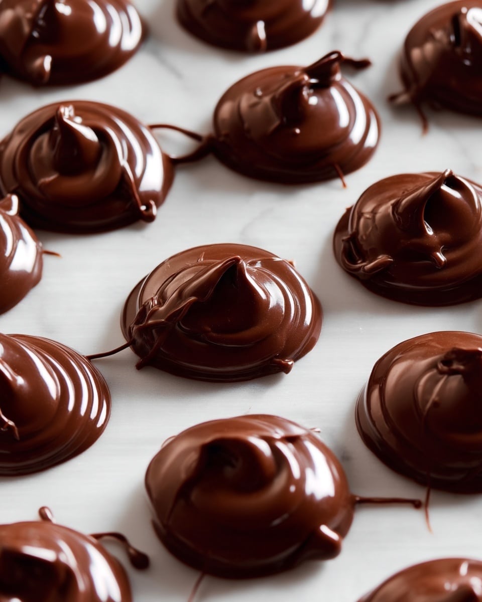The image shows many round dollops of shiny dark brown chocolate placed evenly on white parchment paper, all having smooth and slightly swirled tops with little peaks and delicate drips sticking out; the background is a white marbled texture with even lighting highlighting the glossy texture of the chocolate dollops photo taken with an iphone --ar 4:5 --v 7