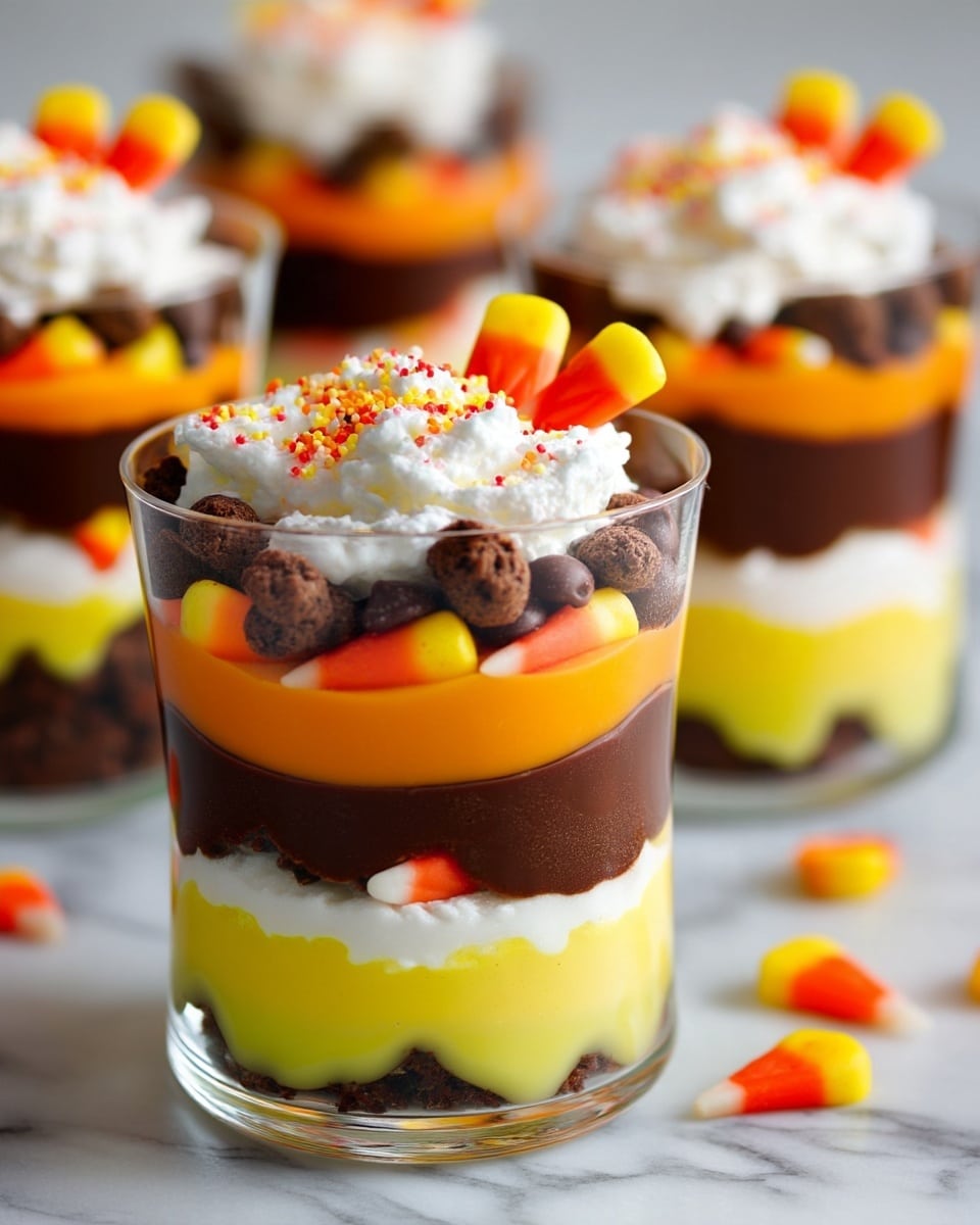 The image shows four clear glass cups filled with a layered dessert, each with five visible layers. Starting at the bottom, there is a dark brown crumbly layer, followed by a pale yellow creamy layer. Above that is a white creamy layer, then a thick dark brown chocolate layer. Next is a smooth orange layer, topped with small dark chocolate balls. On top of each cup is a dollop of white whipped cream, decorated with small candy corn pieces and red sprinkles. All cups are placed on a white marbled surface. photo taken with an iphone --ar 4:5 --v 7