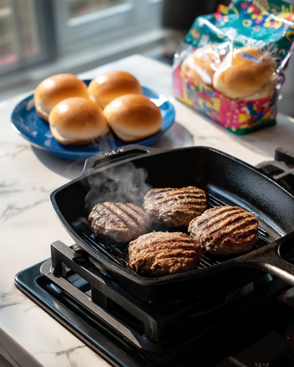 Jack O' Lantern Cheeseburger Recipe 4 A black cast iron grill pan sits on a small black stove on a white marbled surface, with four thick, cooked beef patties showing grill marks and steam rising from them. Behind the pan, there is a blue plate holding four golden brown burger buns. To the right side of the image, an opened clear plastic bag with colorful designs contains more burger buns. The setting is bright with natural light highlighting the texture of the grilled patties, the soft buns, and the smooth stove. Photo taken with an iphone --ar 4:5 --v 7