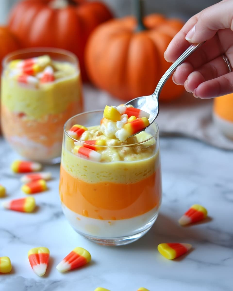 Vegan Candy Corn Overnight Oats Recipe 4 This image shows a clear glass with three layers of creamy dessert on a white marbled surface. The bottom layer is white with small soft pieces in it, the middle layer is orange and smooth, and the top layer is light yellow with a creamy texture. There are small candy corn pieces on top of the yellow layer and some more candy corn scattered around the glass. A spoon with a silver handle is held by a woman's hand, scooping some of the yellow top layer with one candy corn from the glass. In the background, there are blurred round pumpkins and another glass with the same dessert. Photo taken with an iphone --ar 4:5 --v 7